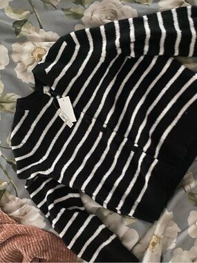 Madewell Black & White Striped Zip-Front Sweater Cardigan
